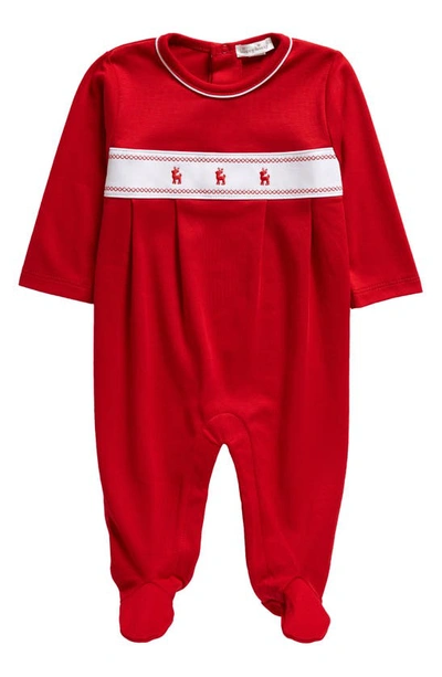 Shop Kissy Kissy Holiday Reindeer Embroidered Cotton Footie In Red