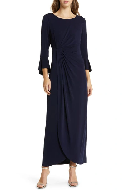 Shop Connected Apparel Bell Sleeve Gathered Waist Gown In Navy