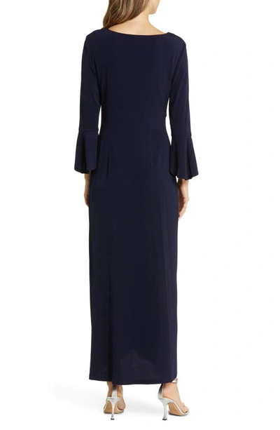 Shop Connected Apparel Bell Sleeve Gathered Waist Gown In Navy