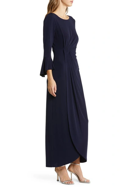 Shop Connected Apparel Bell Sleeve Gathered Waist Gown In Navy