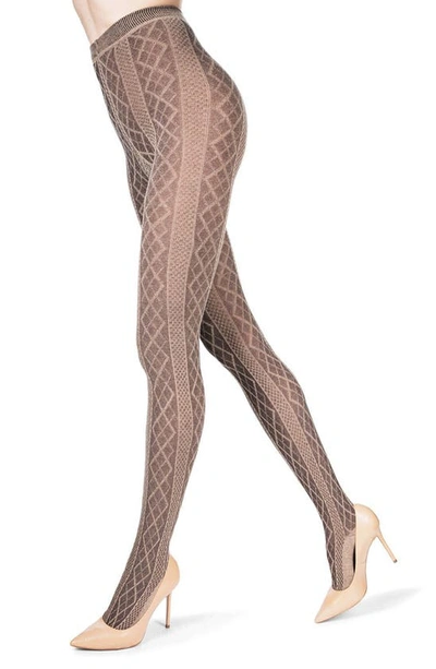 Memoi Women's Crossing Diamond Patterned Sweater Tights Mo-389 In Lt Taupe Heather