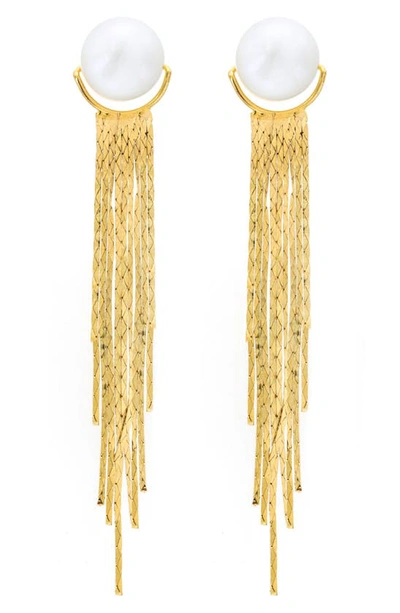 Shop Panacea Genuine Freshwater Pearl Liquid Fringe Drop Earrings In White/ Gold