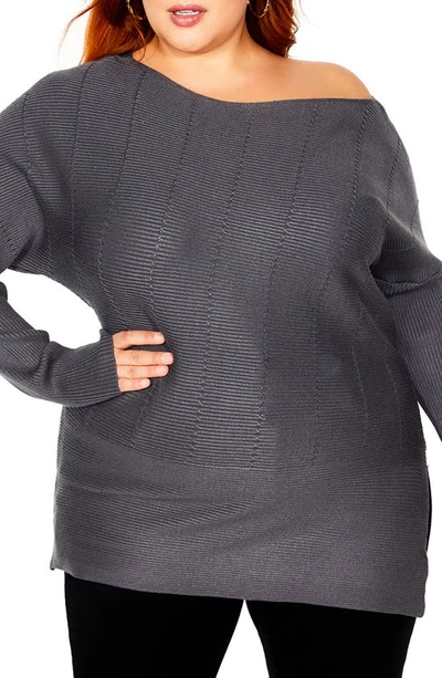 Shop City Chic Lean In One-shoulder Rib Sweater In Smoke