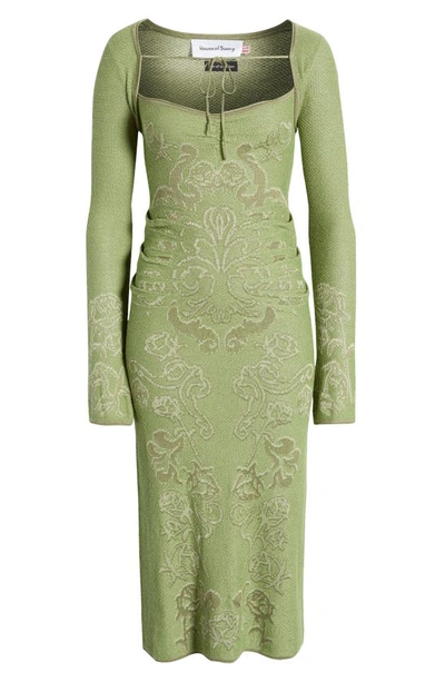 Shop House Of Sunny The Envy Jacquard Knit Dress With Long Sleeve Shrug In Moss