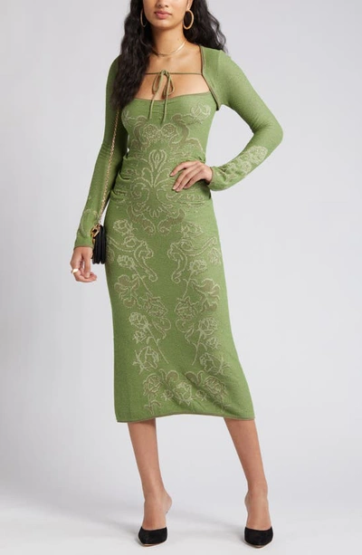 Shop House Of Sunny The Envy Jacquard Knit Dress With Long Sleeve Shrug In Moss