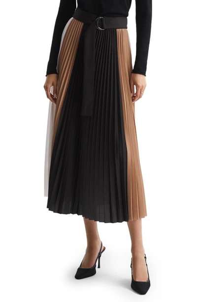 Shop Reiss Ava Colorblock Belted Pleated Midi Skirt In Black Camel