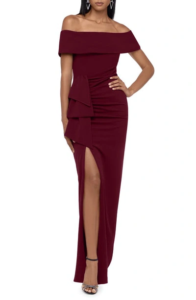 Shop Xscape Off The Shoulder Crepe Evening Gown In Burgundy