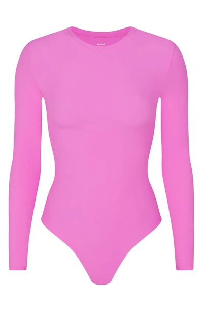 Shop Skims Fits Everybody Long Sleeve Crewneck Bodysuit In Neon Orchid