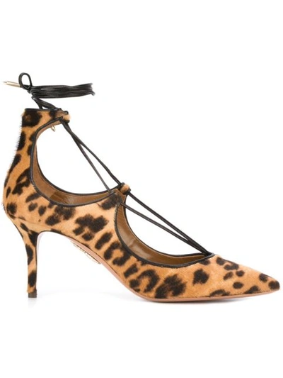 Aquazzura Christy Lace-up Leopard-print Calf Hair Pumps In Caramel Leo|beige