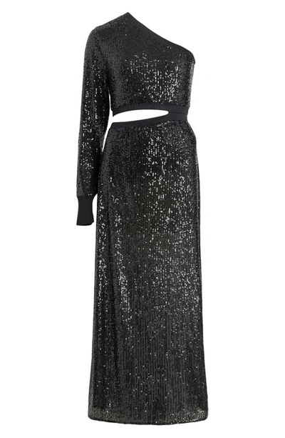 Shop Allsaints Daisy Topaz Sequin Cutout One-shoulder Maxi Dress In Black