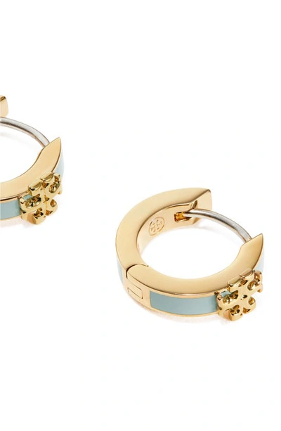 Shop Tory Burch Kira Enamel Huggie Earrings In Tory Gold / Blue Gray Mist