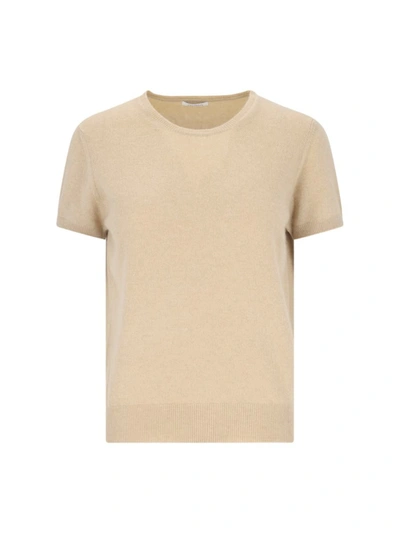 Malo Knit Crewneck With Ribbed Hem And Short Sleeves In Beige