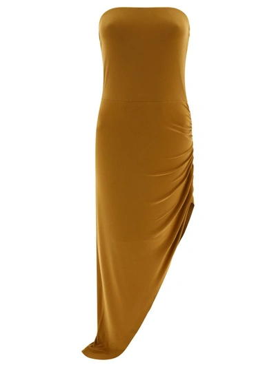 Shop Norma Kamali "strapless Side Drape" Dress In Brown