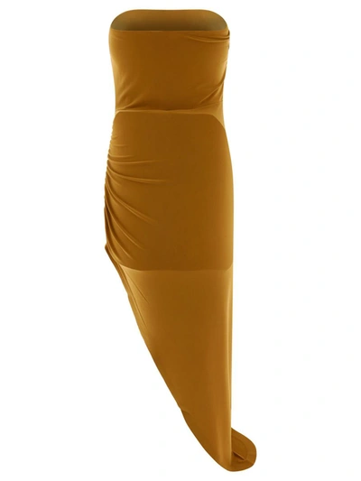 Shop Norma Kamali "strapless Side Drape" Dress In Brown