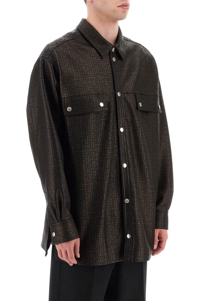 Shop Balmain Monogram Leather Overshirt Men In Black