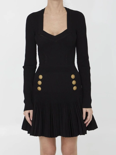 Shop Balmain Knitted Flare Short Dress In Black