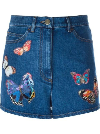 Shop Valentino 'jamaica Butterflies' Embroidered Denim Shorts