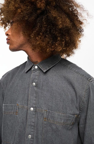 Shop Asos Design Denim Snap-up Overshirt In Dark Grey