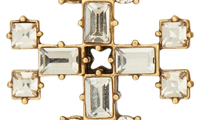Shop Tory Burch Crystal Logo Stud Earrings In Antique Light Brass / Topaz