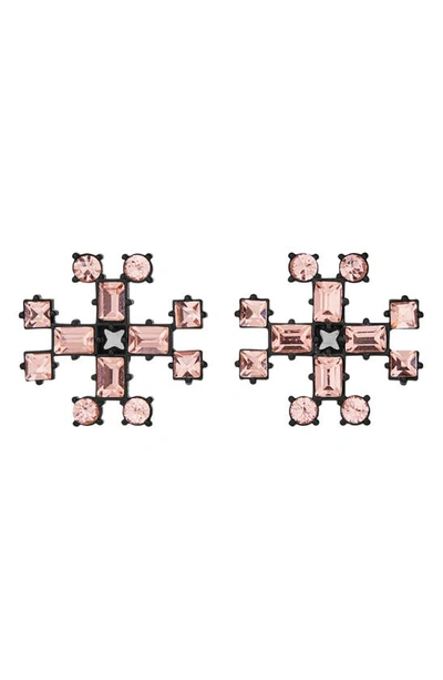 Shop Tory Burch Crystal Logo Stud Earrings In Matte Black / Vintage Rose