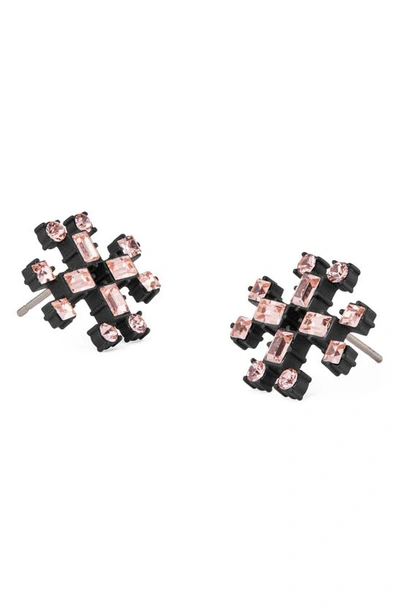 Shop Tory Burch Crystal Logo Stud Earrings In Matte Black / Vintage Rose