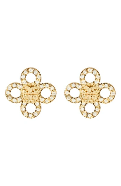 Shop Tory Burch Small Kira Pavé Clover Stud Earrings In Tory Gold / Crystal