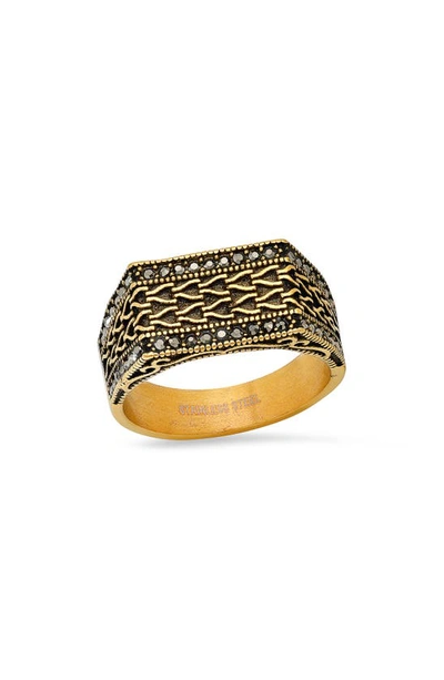 Shop Hmy Jewelry 18k Gold Plated Stainless Steel Pavé Textured Ring In Yellow