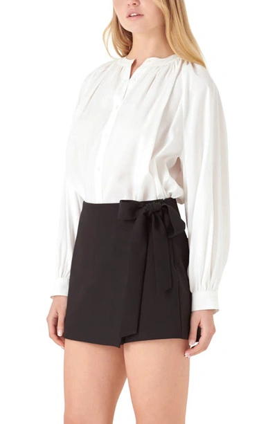 English Factory Shirred Long Sleeve Button-up Shirt In White