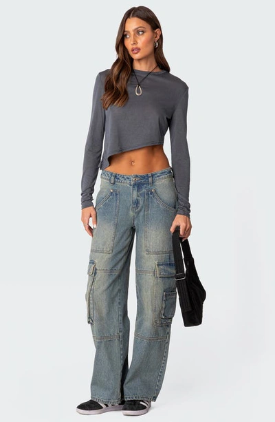 Edikted Asymmetric Long Sleeve T-shirt In Gray