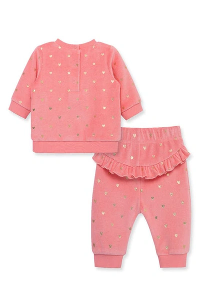 Shop Little Me Foil Heart Ruffle Sweatshirt & Joggers Set In Pink