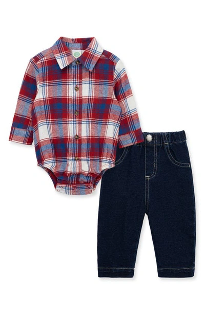 Shop Little Me Plaid Button-up Bodysuit & Jeans Set In Blue
