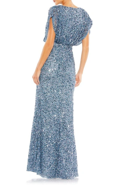 Shop Mac Duggal Sequin Draped Sleeve V-neck Gown In Slate Blue