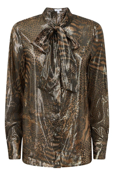 Shop Reiss Kendal Mixed Animal Print Tie Neck Blouse In Gold