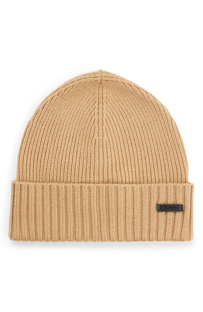 Hugo Boss Fati Wool Beanie In Medium Beige