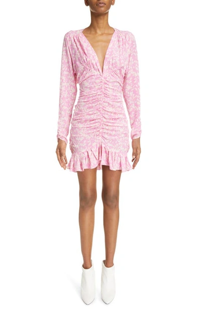 Shop Isabel Marant Lara Ruched Long Sleeve Flounce Hem Stretch Silk Dress In Pink