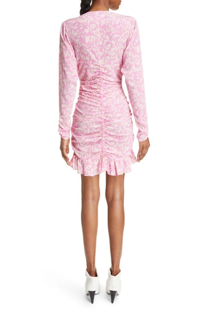 Shop Isabel Marant Lara Ruched Long Sleeve Flounce Hem Stretch Silk Dress In Pink