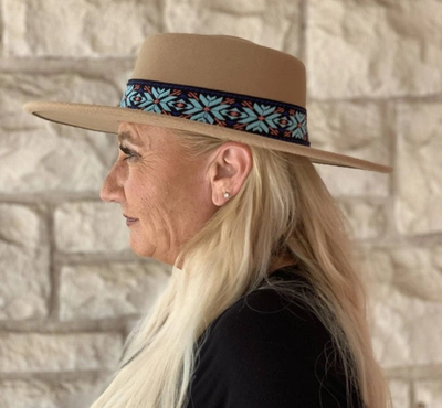Shop Jen & Co. Mirta Aztec Trim Wide Brim Fedora Hat In Tan In Multi