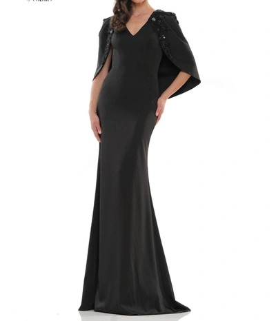 Marsoni By Colors Beaded Shoulder Cape Evening Gown In Black In Black