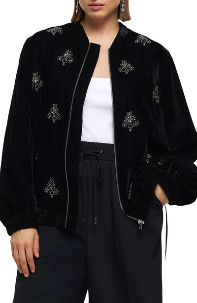 Shop River Island Embellished Velour Bomber Jacket In Black