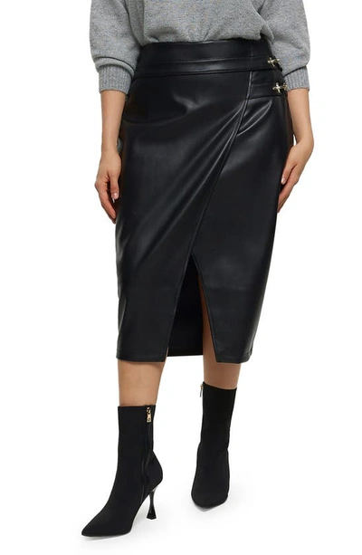 Shop River Island Faux Leather Faux Wrap Skirt In Black