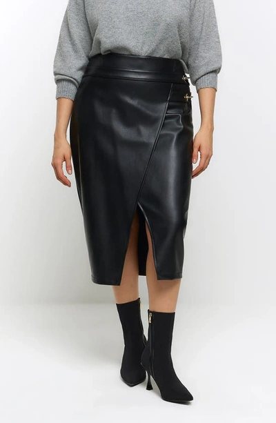 Shop River Island Faux Leather Faux Wrap Skirt In Black