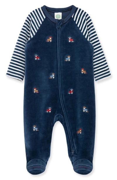 Shop Little Me Embroidered Train Velour Footie In Blue