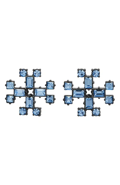 Shop Tory Burch Crystal Logo Stud Earrings In Hematite / Light Sapphire