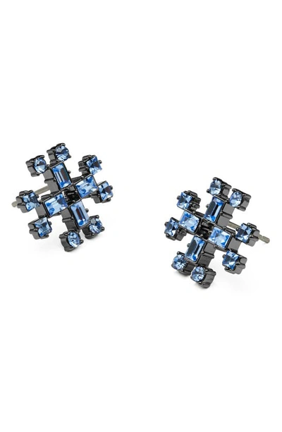Shop Tory Burch Crystal Logo Stud Earrings In Hematite / Light Sapphire
