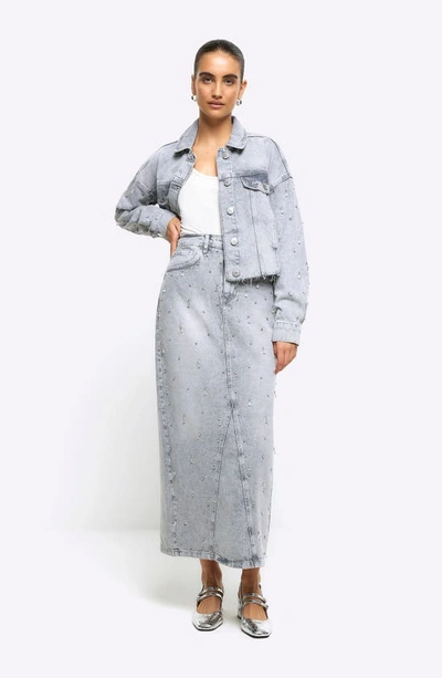 Shop River Island Crystal Embellished Denim Maxi Skirt In Grey