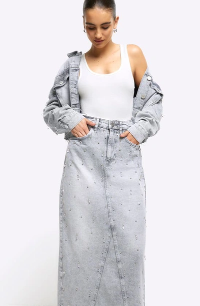 Shop River Island Crystal Embellished Denim Maxi Skirt In Grey