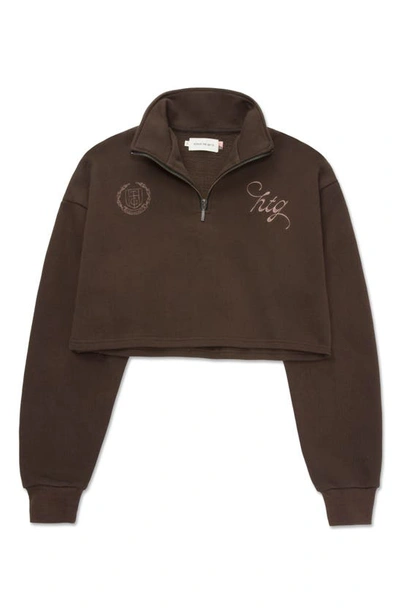 Shop Honor The Gift Embroidered Quarter Zip Cotton Crop Sweatshirt In Black