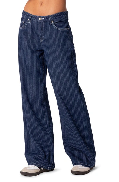 Edikted Pinstripe Wide Leg Low Rise Jeans In Navy