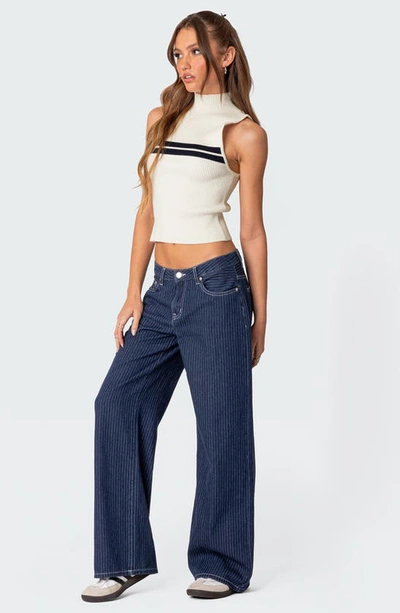 Edikted Pinstripe Wide Leg Low Rise Jeans In Navy