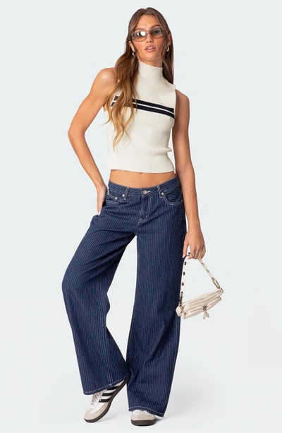 Edikted Pinstripe Wide Leg Low Rise Jeans In Navy